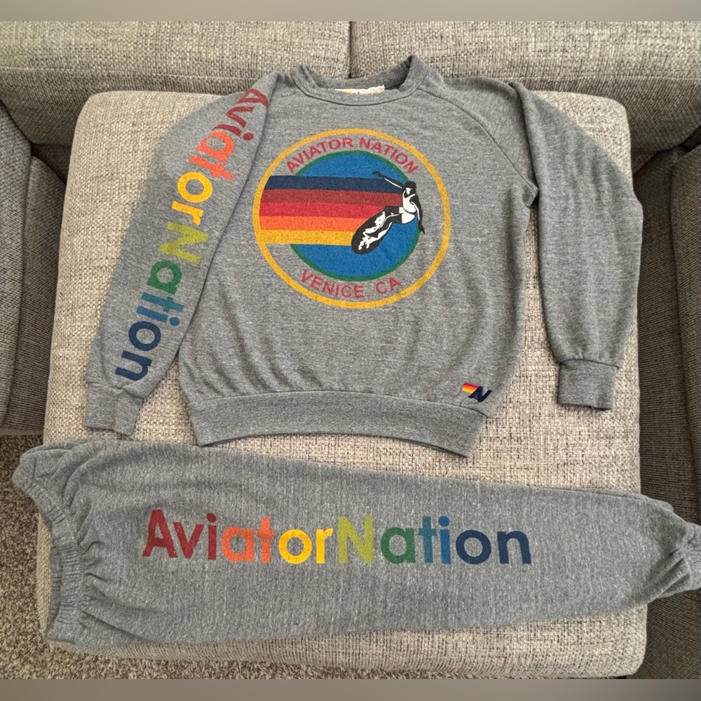 Aviator Nation 🌈 Grey Venice Logo Sweatshirt & Miami Logo Sweatpants Size Small